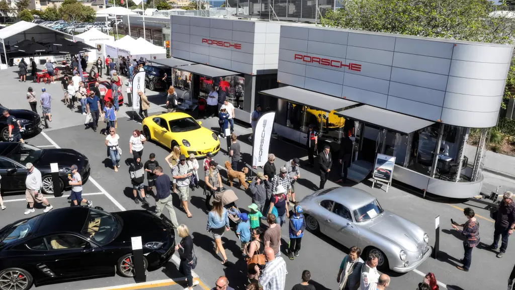 Aerial view of Pulse Elevate mobile event unit at Porsche Festival Norway with crowd and Porsche vehicles on display
