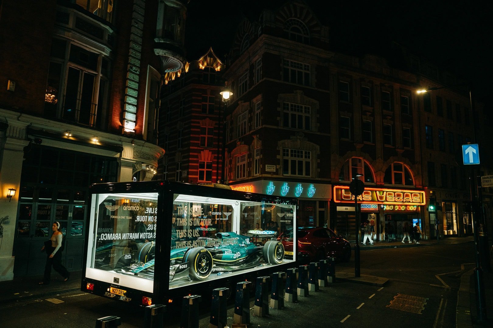 The Clear Idea Transparent Showcase Trailer with Aston Martin F1 car on display