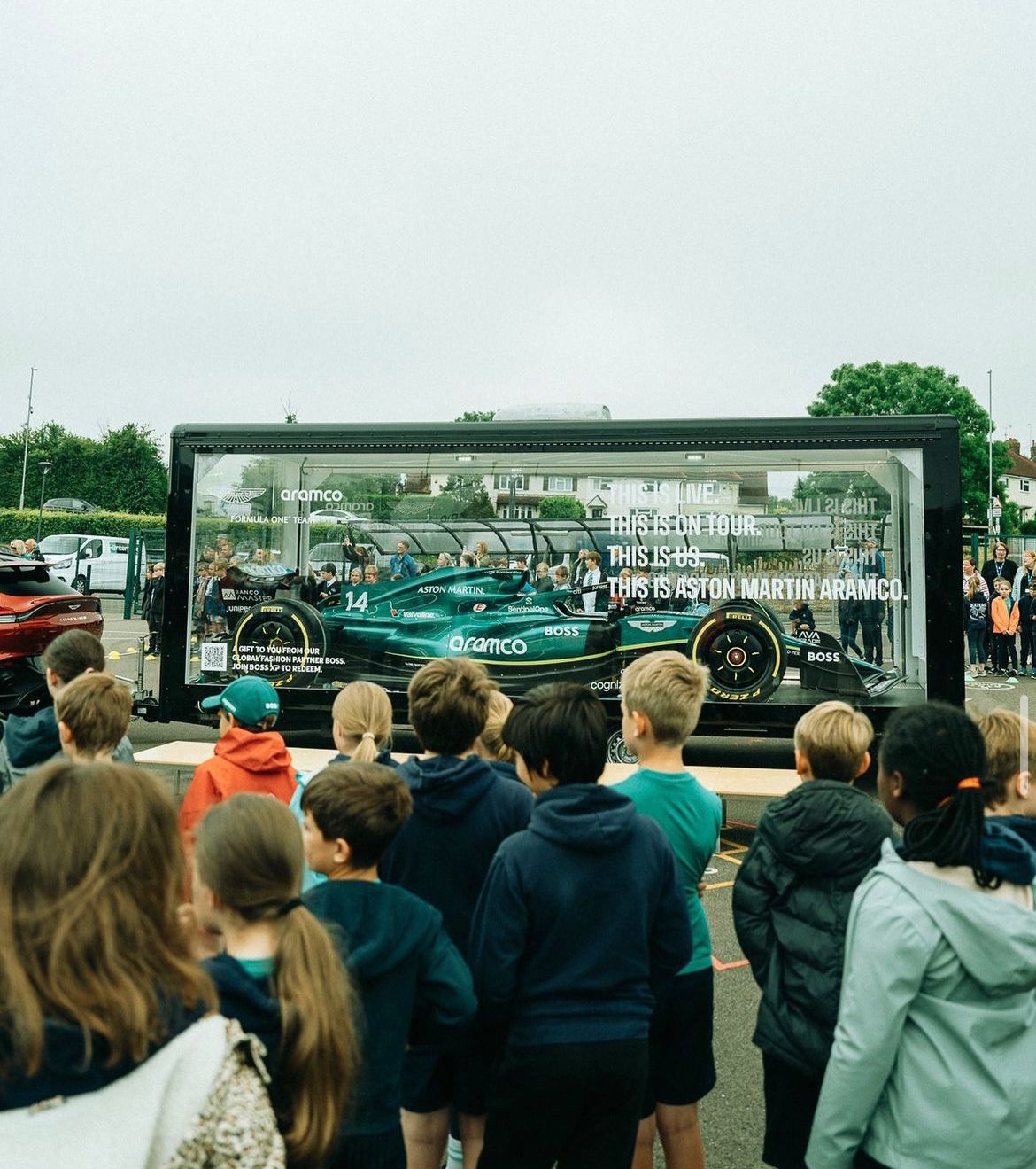 Aston Martin Aramco F1 Exhibition Trailer UK Tour | Case Study | The Clear Idea Transparent Showcase Trailer with Aston Martin F1 car on display