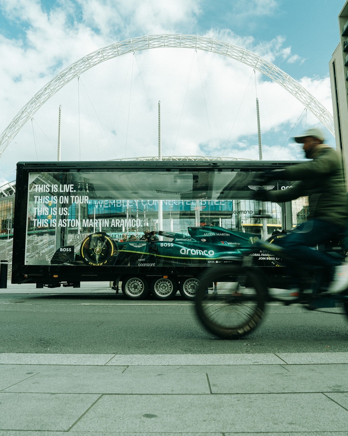 The Clear Idea Transparent Showcase Trailer with Aston Martin F1 car on display